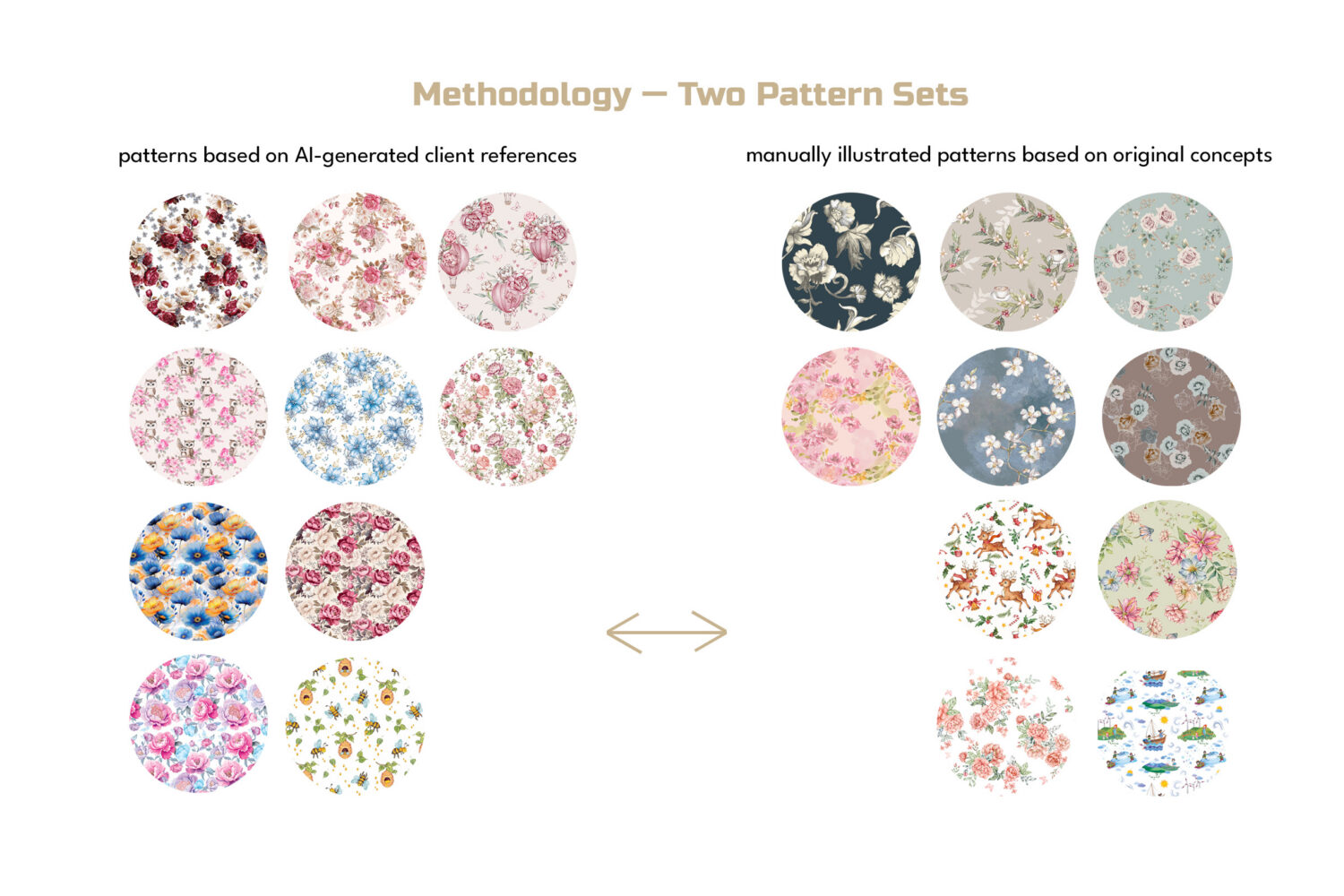 twenty images with surface pattern design from which ten are created with AI and ten manually
