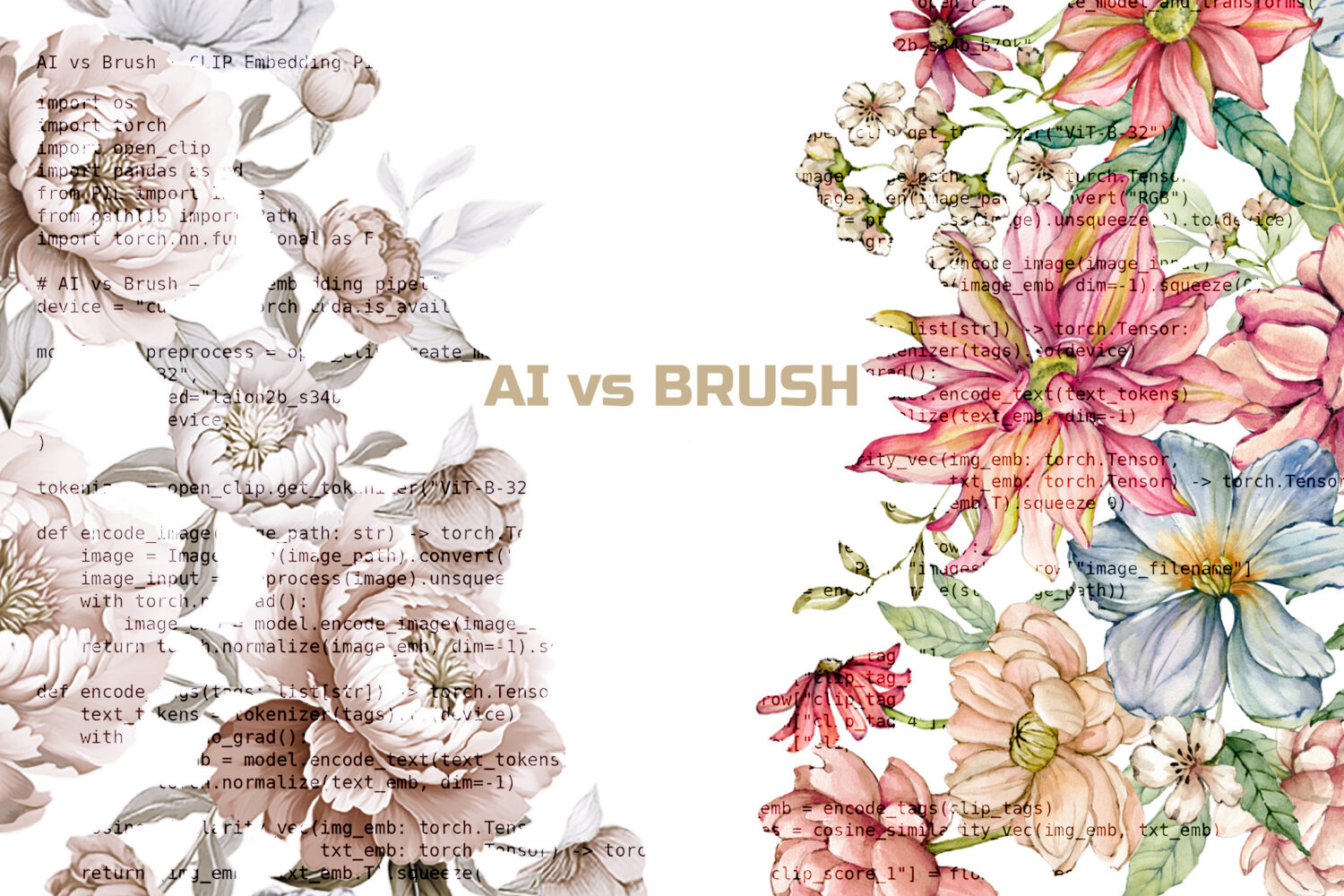 flowers generated by AI vs flowers painted in watercolour with code that provides tags and embeddings
