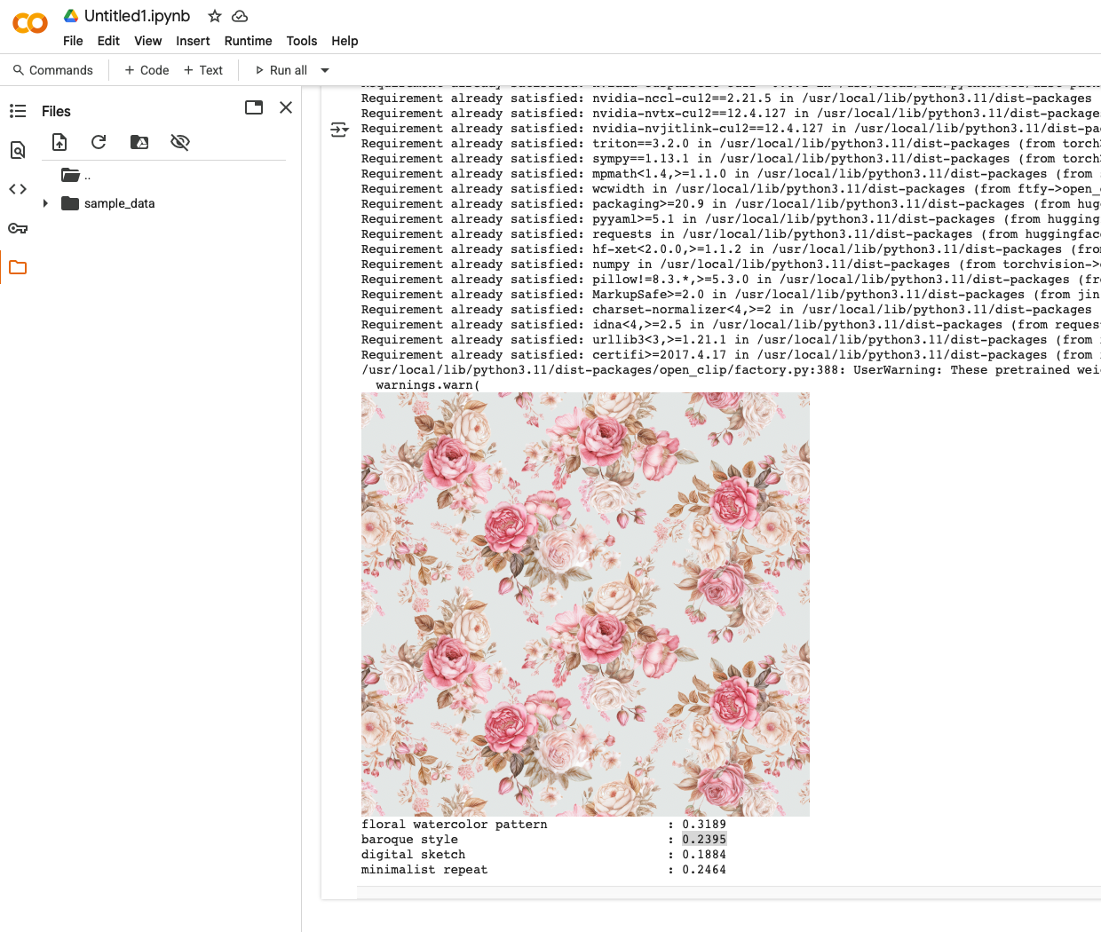 OpenCLIP embedding for author surface pattern design in Google Collab environment